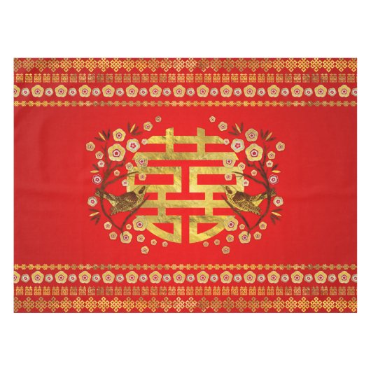 Gold Double Happy Symbol mit Blume und Vogel Tischdecke (Vorderseite (Horizontal))