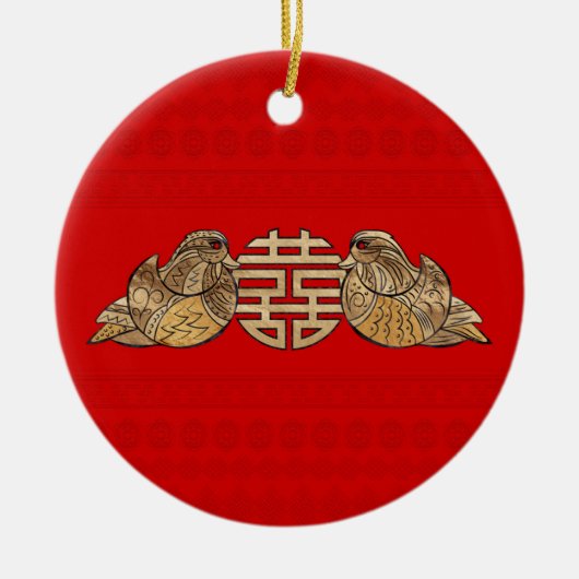 Gold Double Happy Symbol mit Mandarin Ducks Keramik Ornament (Vorne)