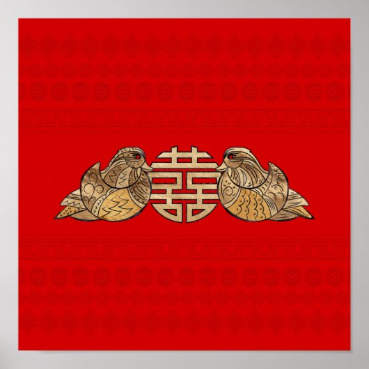 Gold Double Happy Symbol mit Mandarin Ducks Poster (Vorne)