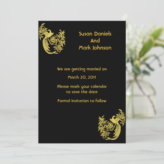 Gold Doves auf Black Wedding speichern das Datum Save The Date (Stehend Vorderseite)