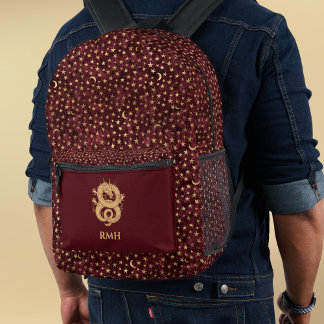 Gold Dragon on Burgundy with Stars Moon Monogram  Bedruckter Rucksack