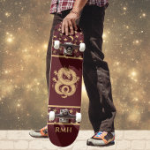 Gold Dragon on Burgundy with Stars Moon Monogram  Skateboard