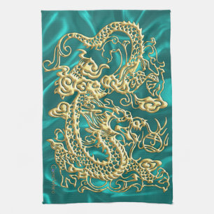 Gold Dragon Turquoise Satin Lush Küchentuch