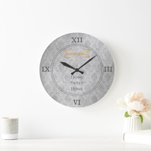 Gold Dragonfly Damask Große Wanduhr (Zuhause)
