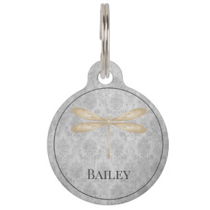 Gold Dragonfly Damask Round Pet Tag Haustiermarke