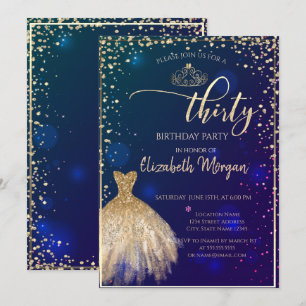 Gold Dress, Diamonds Blue 30. Geburtstag Party Einladung