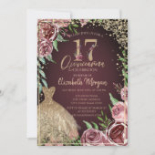 Gold Dress Diamonds Burgundy Rose Quinceañera Einladung (Vorderseite)