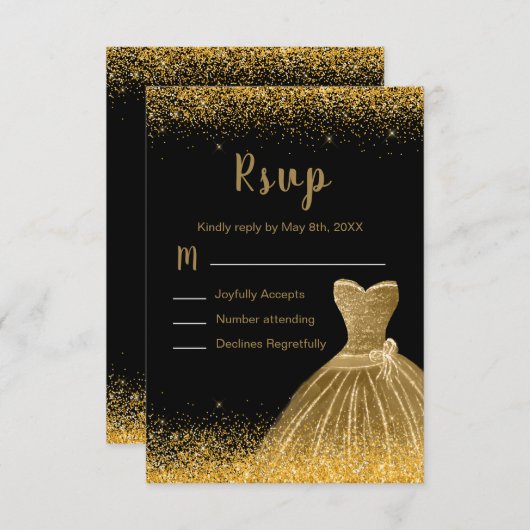 Gold Dress Faux Glitter Quinceanera RSVP Karte (Vorne/Hinten)