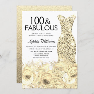 Gold Dress Floral 100 & Fabulous 100. Geburtstag Einladung
