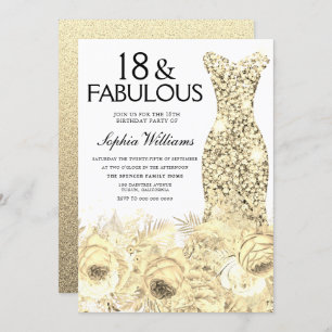 Gold Dress Floral 18 & Fabulous 18. Geburtstag Einladung
