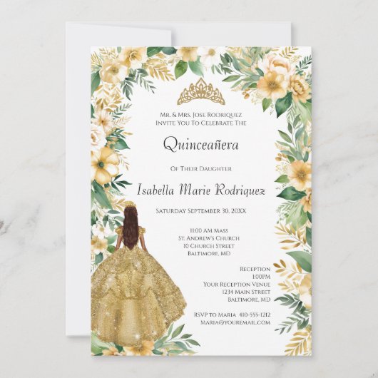 Gold Dress Floral Elegante Formal Quinceanera Einladung (Vorderseite)