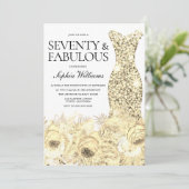Gold Dress Floral Siebzig & Fabelhaft 70. Geburtst Einladung (Stehend Vorderseite)