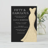 Gold Dress Frauen 50. Geburtstagsparty Black Einladung (Stehend Vorderseite)