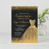 Gold Dress Imitate Glitzer Quinceanera Einladung (Stehend Vorderseite)
