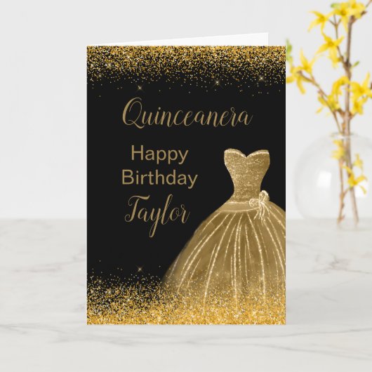 Gold Dress Imitate Glitzer Quinceanera Karte (Gelbe Blume)