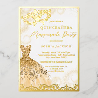 Gold Dress Masquerade Party Quinceanera Folieneinladung