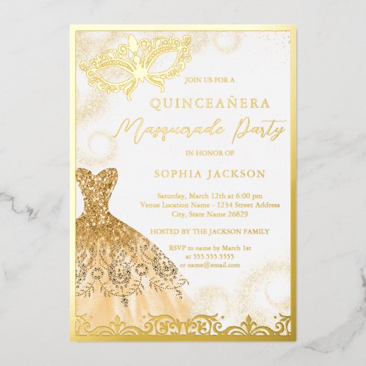 Gold Dress Masquerade Party Quinceanera Folieneinladung (Vorderseite)