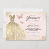 Gold Dress Rose Gold Butterfly Quinceanera Einladung (Vorderseite)