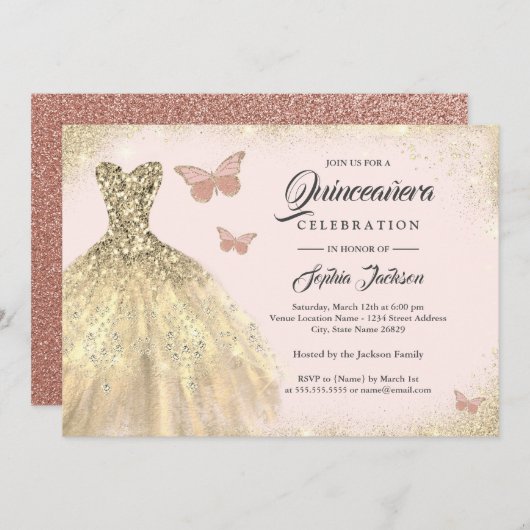 Gold Dress Rose Gold Butterfly Quinceanera Einladung (Vorne/Hinten)