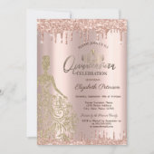 Gold Dress Rose Gold Glitzer Drops Quinceañera Einladung (Vorderseite)