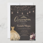 Gold Dress Rustikale String Lights Rose Quinceañer Einladung (Vorderseite)