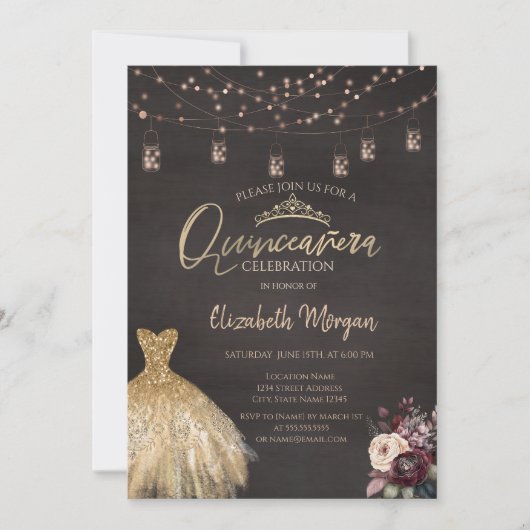 Gold Dress Rustikale String Lights Rose Quinceañer Einladung (Vorderseite)