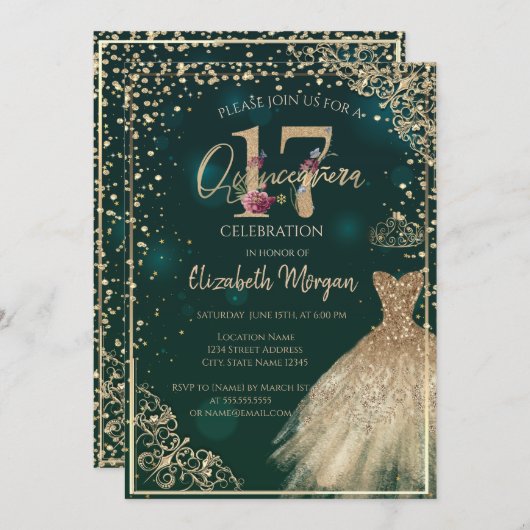 Gold Dress Tiara, Diamonds, Blumenquinceañera Einladung (Vorne/Hinten)