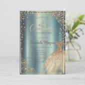 Gold Dress Tiara, Diamonds Metallic Quinceañera Einladung (Stehend Vorderseite)