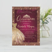 Gold Dress Tiara, Sequins Burgundy Quinceañera Einladung (Stehend Vorderseite)