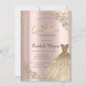 Gold DressTiara,Diamonds Rose Gold Quinceañera Einladung (Vorderseite)