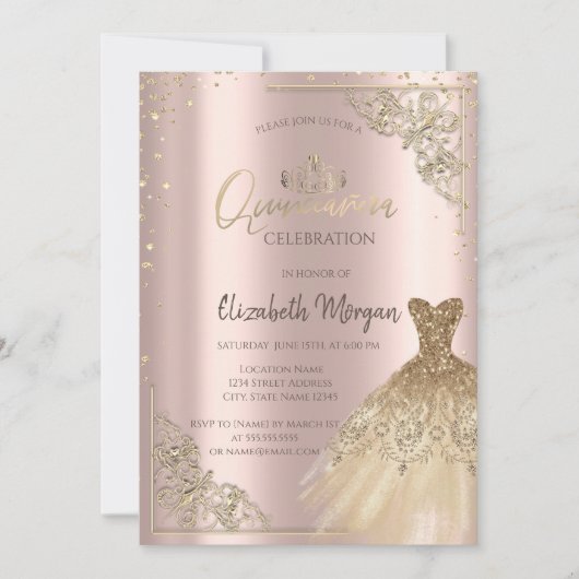 Gold DressTiara,Diamonds Rose Gold Quinceañera Einladung (Vorderseite)