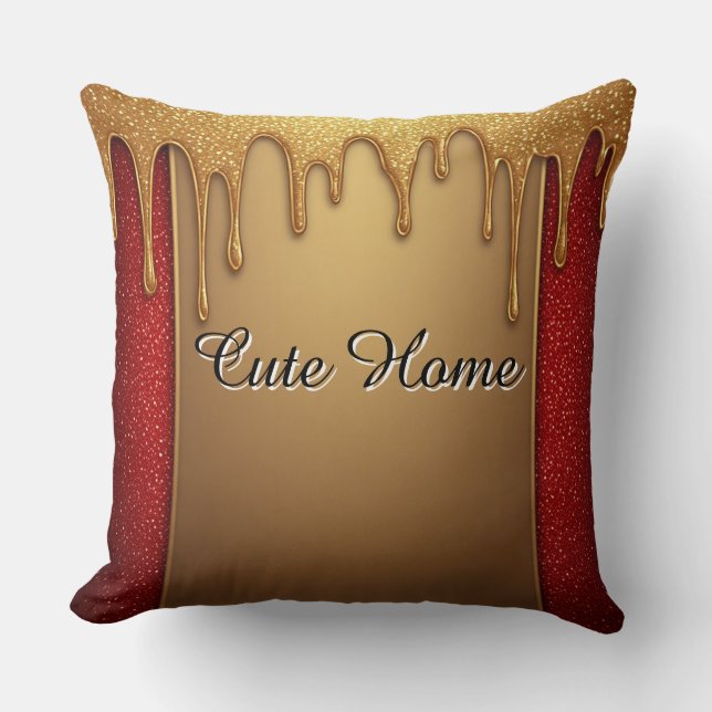 Gold Dripping Glitter Gift On Red Sparkle Backgro Kissen (Vorderseite)