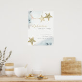 Gold Dusky Blue Beach Starfish Baby Dusche Willkom Poster (Küche)