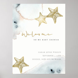 Gold Dusky Blue Beach Starfish Baby Dusche Willkom Poster