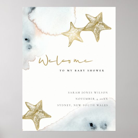 Gold Dusky Blue Beach Starfish Baby Dusche Willkom Poster (Vorne)