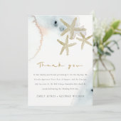 Gold Dusky Blue Beachy Starfish Baby Shower Dankeskarte (Stehend Vorderseite)