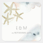 GOLD DUSKY BLUE BEACHY STARFISH MONOGRAM WEDD QUADRATISCHER AUFKLEBER (Vorderseite)