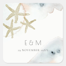 GOLD DUSKY BLUE BEACHY STARFISH MONOGRAM WEDD QUADRATISCHER AUFKLEBER
