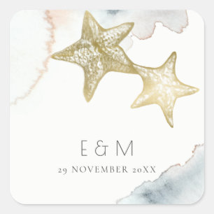GOLD DUSKY BLUE BEACHY STARFISH MONOGRAM WEDD QUADRATISCHER AUFKLEBER