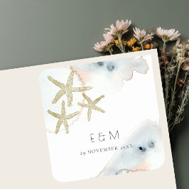GOLD DUSKY BLUE BEACHY STARFISH MONOGRAM WEDD QUADRATISCHER AUFKLEBER