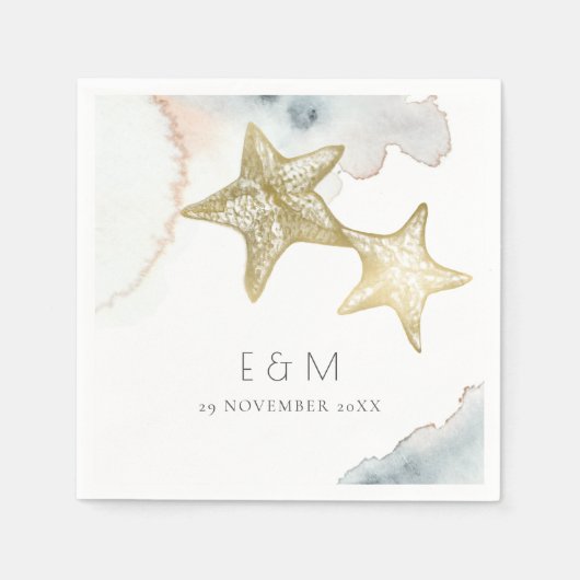 GOLD DUSKY BLUE BEACHY STARFISH MONOGRAM WEDD SERVIETTE (Vorderseite)