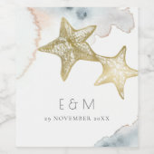 GOLD DUSKY BLUE BEACHY STARFISH MONOGRAM WEDD WEINETIKETT (Einzelnes Label)