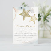 GOLD DUSKY BLUE BEACHY STARFISH WEDDING DETAILS BEGLEITKARTE (Stehend Vorderseite)