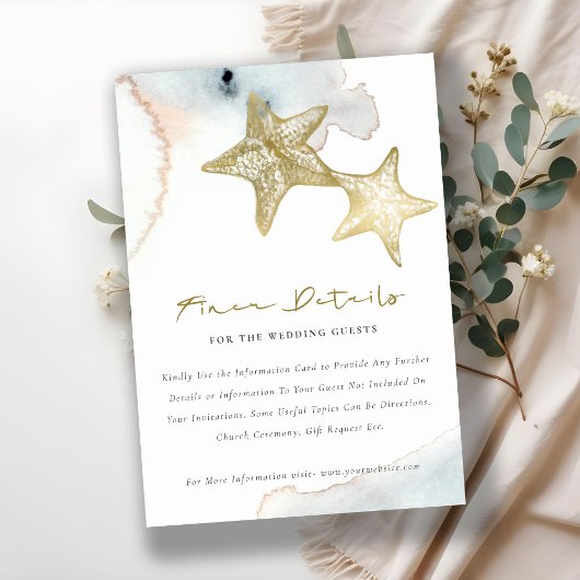 GOLD DUSKY BLUE BEACHY STARFISH WEDDING DETAILS BEGLEITKARTE