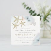 GOLD DUSKY BLUE BEACHY STARFISH WEDING INVITE DANKESKARTE (Stehend Vorderseite)