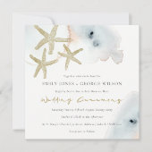 GOLD DUSKY BLUE BEACHY STARFISH WEDING INVITE DANKESKARTE (Vorderseite)