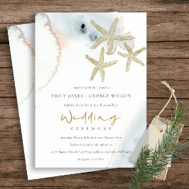GOLD DUSKY BLUE BEACHY STARFISH WEDING INVITE DANKESKARTE