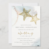 GOLD DUSKY BLUE BEACHY STARFISH WEDING INVITE DANKESKARTE (Vorderseite)