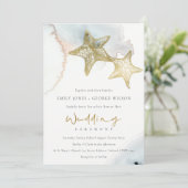 GOLD DUSKY BLUE BEACHY STARFISH WEDING INVITE DANKESKARTE (Stehend Vorderseite)