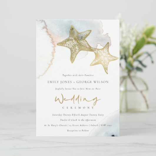 GOLD DUSKY BLUE BEACHY STARFISH WEDING INVITE DANKESKARTE (Stehend Vorderseite)
